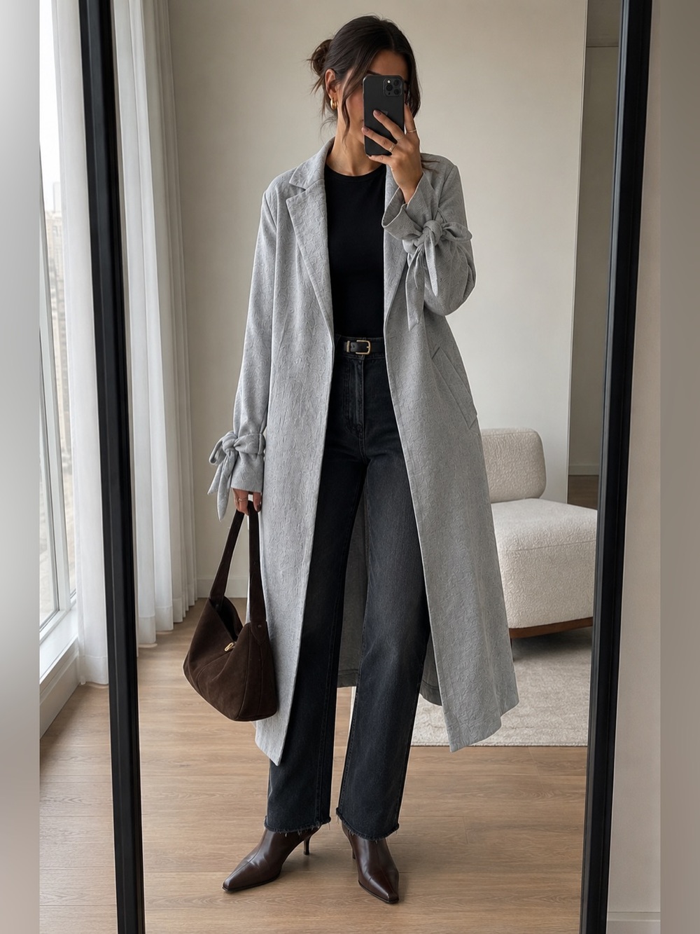 Topshop Grey Textured Longline Duster Coat Tie Cuff Blazer US 4 UK 8